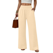 Women's High Wide-Leg Pants with Pockets, Casual-Yellow XXL
