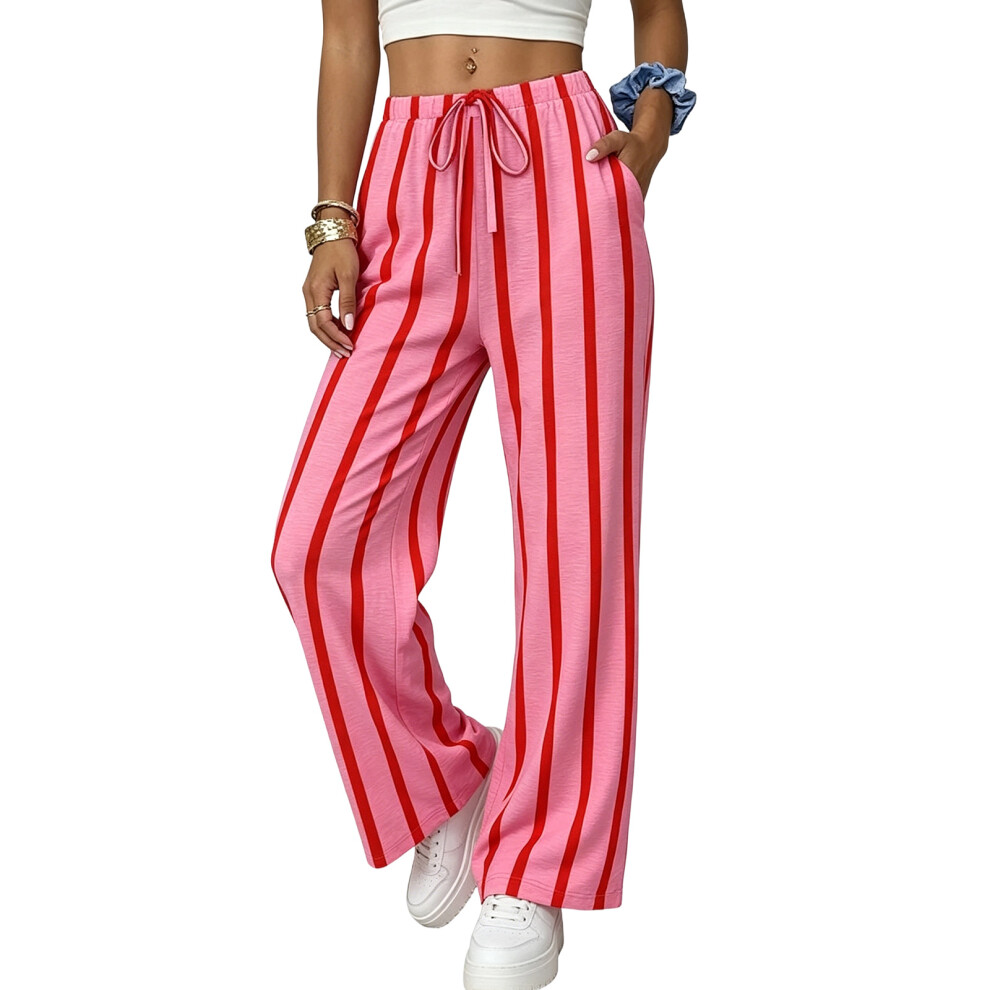 Elastic High Waist Palazzo Pants Casual Wide-red stripes XXL