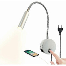 Dimmable Touch Wall Reading Light LED Headboard Reading Lamp with USB Port and Switch, Flexible Gooseneck Light with Plug, 3W Wall Mounted Bedside Lam