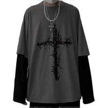 (M,black)Men Women Gothic Shirt Y2K Emo Grunge Alt Vintage Long Sleeve Top Tee Dark Academia Harajuku Cross Sweatshirt Clothes