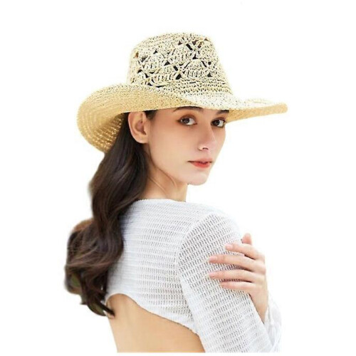 (khaki)Hollow Crochet Large Brim Summer Outing Essential Beach Hat Women