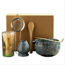 (Blue) 6Pieces Japanese Matcha Tea Set Safe Bamboo Whisk Teaspoon Tea Sets Matcha Bowl Matcha Whisk Holder