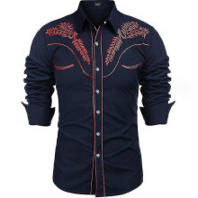 (2XL,Navy Blue)Men's Embroidered Long Sleeve Slim Fit Shirt