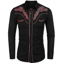 (2XS,Black)Men's Embroidered Long Sleeve Slim Fit Shirt