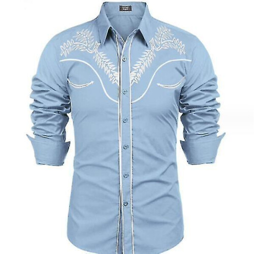 (M,Blue)Men's Embroidered Long Sleeve Slim Fit Shirt