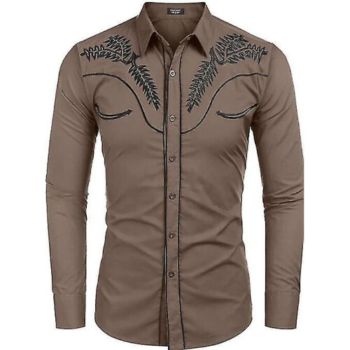(S,Khaki)Men's Embroidered Long Sleeve Slim Fit Shirt