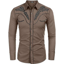 (3XL,Khaki)Men's Embroidered Long Sleeve Slim Fit Shirt