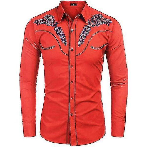 (M,Red)Men's Embroidered Long Sleeve Slim Fit Shirt