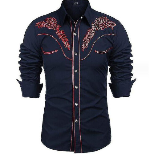 (L,Navy Blue)Men's Embroidered Long Sleeve Slim Fit Shirt