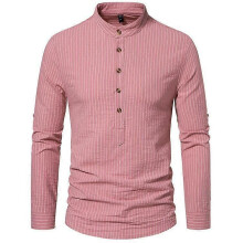 (M,Pink)Men's Cotton Long Sleeve Shirt Casual Beach T-Shirt