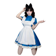 (3 piece set, L) Alice in Wonderland Blue Dress Princess Costume, Maid Lolita Dress for Halloween Cosplay, Victorian Steampunk Party Outfit Women