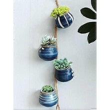 4-Pot Bright Pastel Ceramic Hanging Flower Planter Set (Blue)