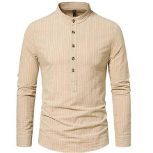 (2XL,Khaki)Men's Cotton Long Sleeve Shirt Casual Beach T-Shirt