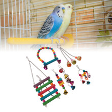 Colorful Pine Wood Bird Toy Set 6pc Bells Parakeet