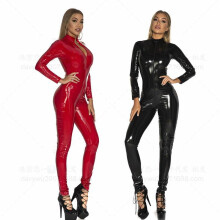 (Black, XXL) 5XL Extra Large Shiny Mirror Fetish Catsuit Bodysuit, Tight Fitting Vinyl Pants with Zipper, Stage Performance Outfit