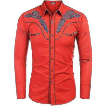 (XL,Red)Men's Embroidered Long Sleeve Slim Fit Shirt