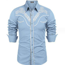 (3XL,Blue)Men's Embroidered Long Sleeve Slim Fit Shirt