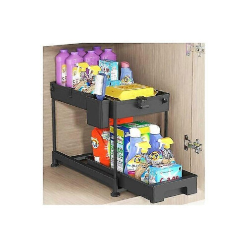 1PCS 2-Tier Under Sink Organizer with Hooks and Cups - Versatile Bathroom and Kitchen Storage(1 Cups