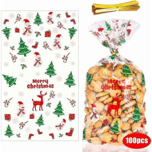 100pcs Christmas Plastic Bags for Candy & Cookies, Christmas Gift Bags with Twist Ties for Christmas Party Supplies (Merry Christmas)