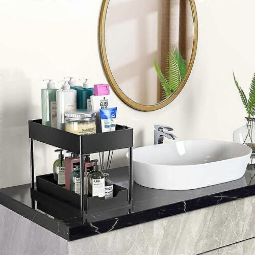 1PCS 2-Tier Under Sink Organizer with Hooks and Cups - Versatile Bathroom and Kitchen Storage(1 Cups 2