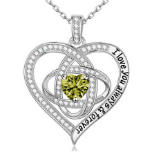(August【Light Green Diamond】) S925 Sterling Silver Clover Heart Necklace for Women, Fashion Light Luxury Full Diamond Pendant Necklace