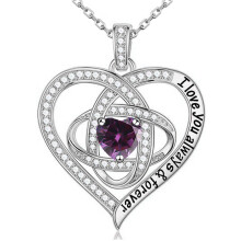 (February【Purple Diamond】) S925 Sterling Silver Clover Heart Necklace for Women, Fashion Light Luxury Full Diamond Pendant Necklace