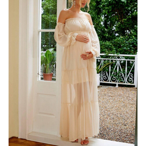 Breathable Polyester Maternity Dress Feature High-Cream XL 2