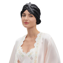 Bonnet de nuit en soie douce et lisse, enveloppe capillaire-Noir