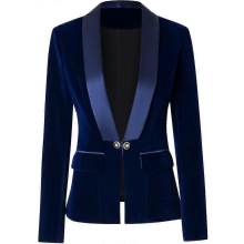 (Blue, XXS) Blazer de terciopelo para mujer, corte ajustado, cuello chal de satén, abrigo de negocios para la oficina.