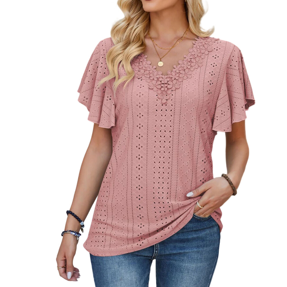 Floral Lace Blouses for Women Dressy Casual-leather pink S