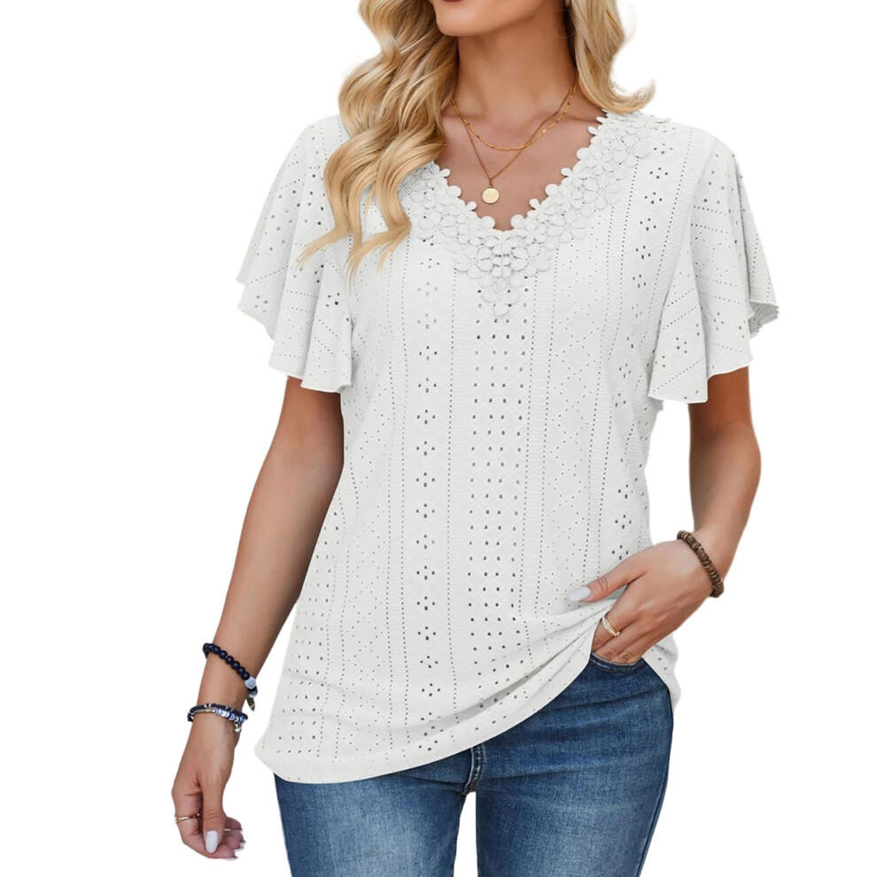 White Floral Lace Blouses For Women Dressy Casual Summer- Xl