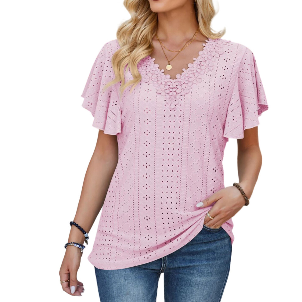 Floral Lace Blouses for Women Dressy Casual Summer Tops-Pink M
