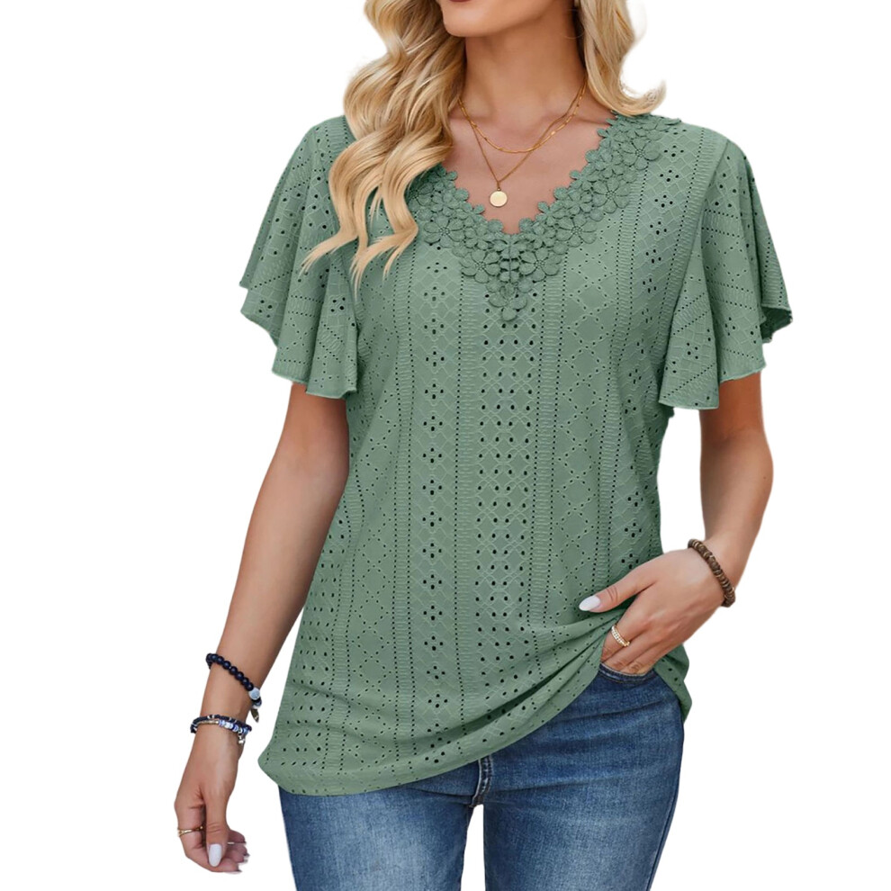 Green Floral Lace Blouses For Women Dressy Casual Summer- Xxl