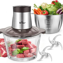 2L+1.8L 600W Electric Food Processors & Chopper with Glass Container and 304 Stainless Steel Container, 2 Speed Settings, 4 Stainless Steel Blades