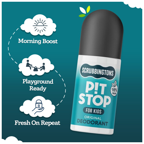 Scrubbingtons Pit Stop Kids Deodorant 98% Natural Roll On, Original 75ml 1