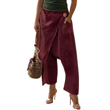 Women's Cotton Linen Harem Pants Casual Loose Wide-Burgundy S