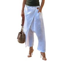 Cotton Linen Pants for Women Summer Casual High Waist-White L