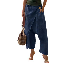 Women’s Linen Harem Pants Loose Fit Beach Pants-Navy Blue XXXL