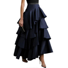(L, Navy Blue) Women's Urban A-line Ruffle Party Skirt High Waist Pleated Solid Color Long Skirts
