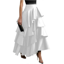 (XL, White) Women's Urban A-line Ruffle Party Skirt High Waist Pleated Solid Color Long Skirts