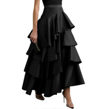 (S, Black) Women's Urban A-line Ruffle Party Skirt High Waist Pleated Solid Color Long Skirts