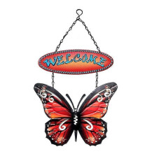 (Red) Butterfly Welcome Sign Metal Hanging Ornament Wrought Iron Wall Art Decor