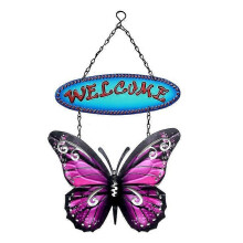 (Purple) Butterfly Welcome Sign Metal Hanging Ornament Wrought Iron Wall Art Decor