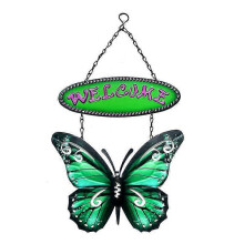 (Green) Butterfly Welcome Sign Metal Hanging Ornament Wrought Iron Wall Art Decor