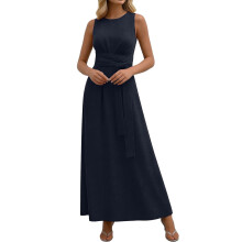Langes Damenkleid mit Rundhalsausschnitt und-Marineblau S