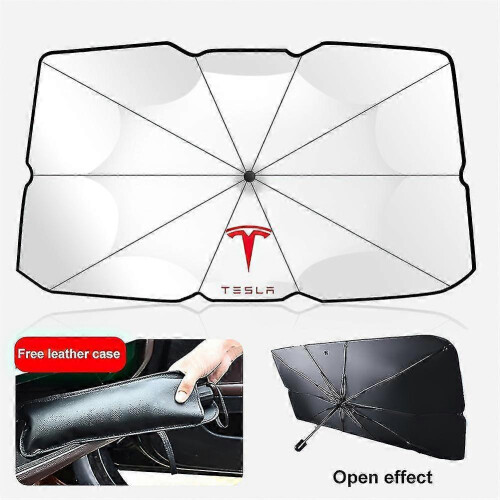 (Tesla Large) Car Sunshade Windshield Sun Shade, Titanium Silver Cloth Foldable Windshield Sun Shade Umbrella