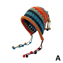 (White)Knitted Crocheted Colorful Wool Hat Crochet Cap Warm Earflap Hat Tassel Hood