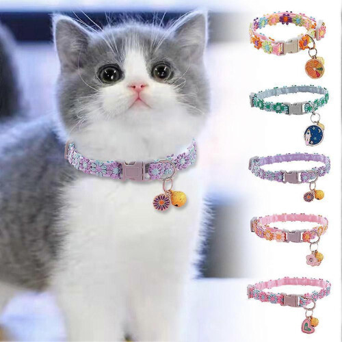 (Black shell blue light)Colorful Flower Collar for Cat Bell Collar Decorative Dog Collar Adjustable 1
