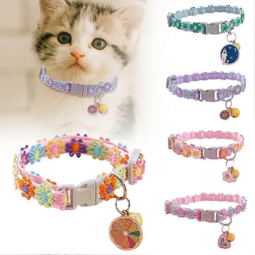 (Black shell blue light)Colorful Flower Collar for Cat Bell Collar Decorative Dog Collar Adjustable 2