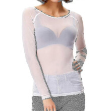 (2XL,White)Women See-through Long Sleeve Seamless Arm Shaper Top Mesh Shirt Blouse - Ya